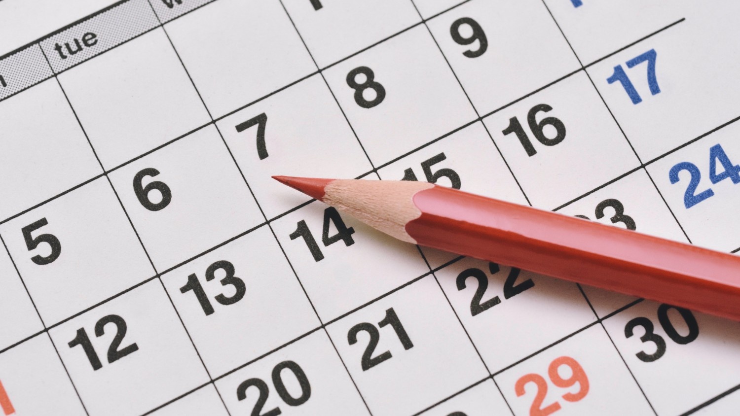 A close up image of a calendar with a red pencil resting on it.